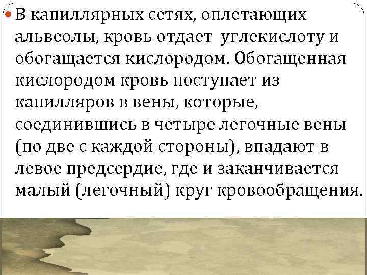  В капиллярных сетях, оплетающих альвеолы, кровь отдает углекислоту и обогащается кислородом. Обогащенная кислородом