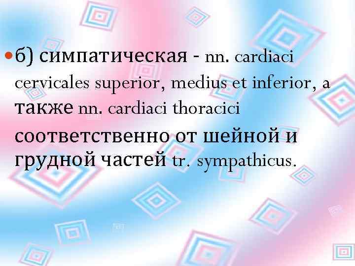  б) симпатическая - nn. cardiaci cervicales superior, medius et inferior, a также nn.