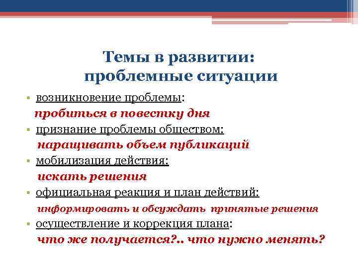 Темы в развитии: проблемные ситуации • возникновение проблемы: пробиться в повестку дня • признание