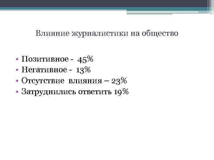 Влияние журналистики на общество • • Позитивное - 45% Негативное - 13% Отсутствие влияния