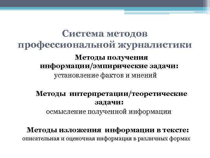 Система методов профессиональной журналистики Методы получения информации/эмпирические задачи: установление фактов и мнений Методы интерпретации/теоретические