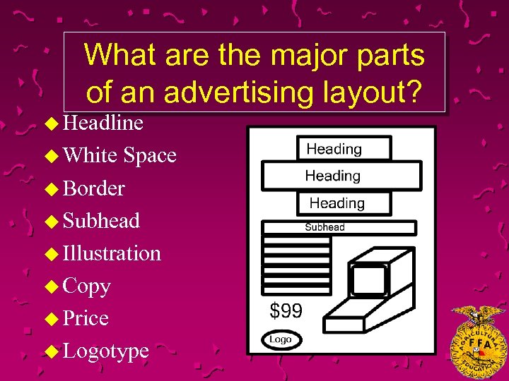 What are the major parts of an advertising layout? u Headline u White Space