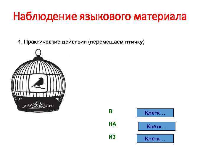 Наблюдение языкового материала 1. Практические действия (перемещаем птичку) В НА ИЗ Клетк… 