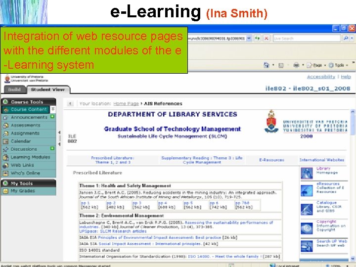 e-Learning (Ina Smith) Integration of web resource pages with the different modules of the