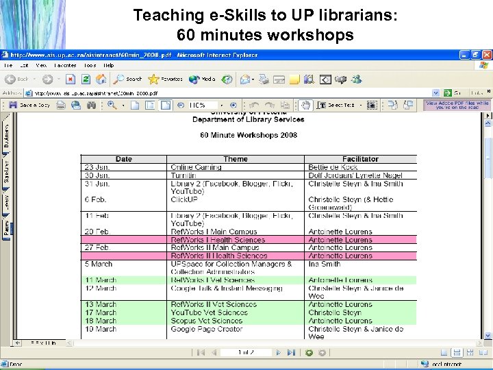 Teaching e-Skills to UP librarians: 60 minutes workshops 