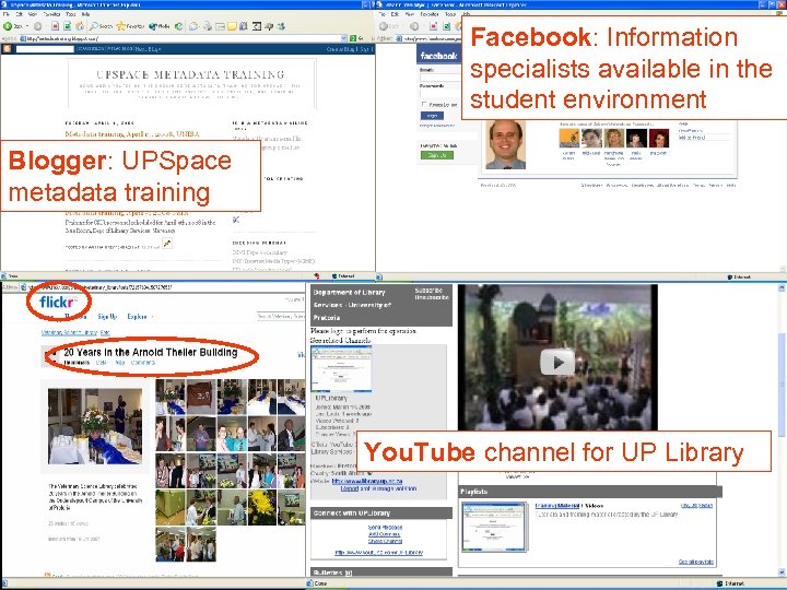 Facebook: Information specialists available in the student environment Blogger: UPSpace metadata training You. Tube