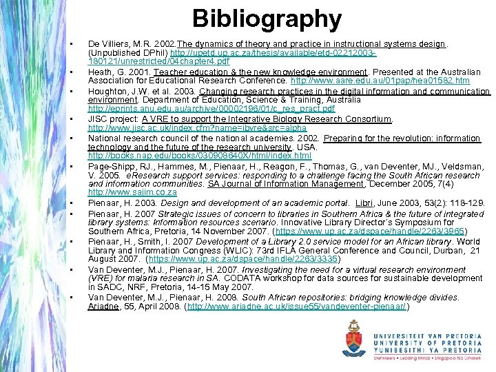 Bibliography • • • De Villiers, M. R. 2002. The dynamics of theory and