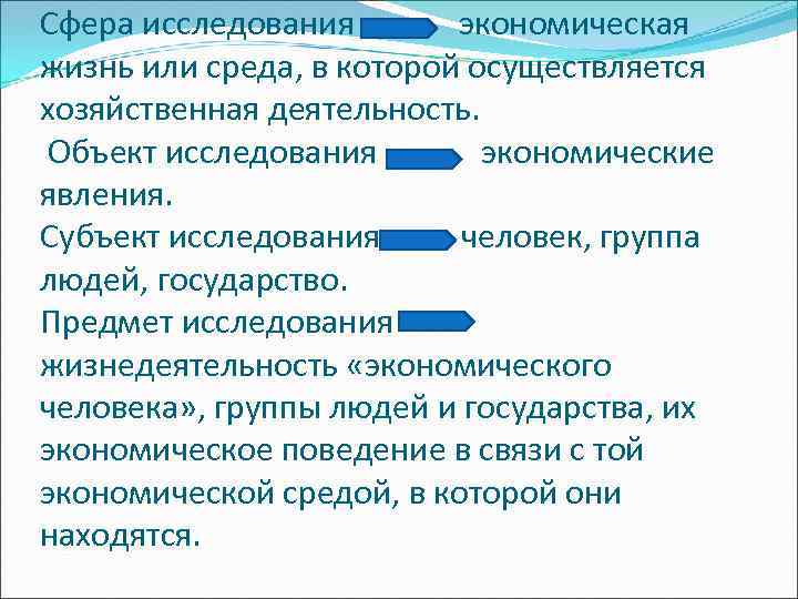 Сфера исследования экономическая жизнь или среда, в которой осуществляется хозяйственная деятельность. Объект исследования экономические