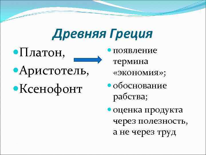 Древняя Греция Платон, Аристотель, Ксенофонт появление термина «экономия» ; обоснование рабства; оценка продукта через