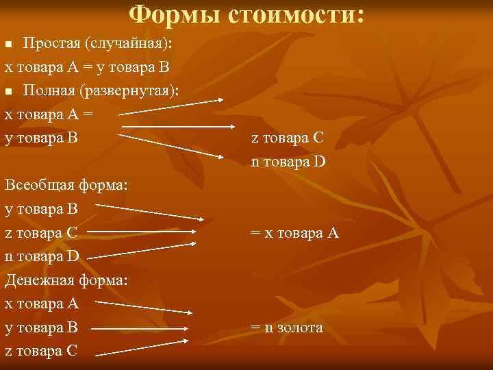 Формы стоимости: Простая (случайная): х товара А = у товара В n Полная (развернутая):