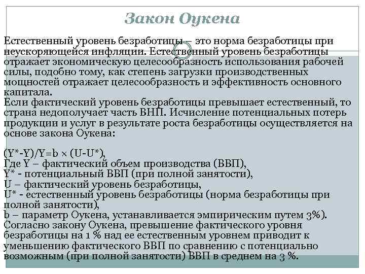 Закон Оукена Естественный уровень безработицы – это норма безработицы при неускоряющейся инфляции. Естественный уровень