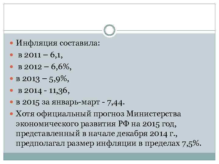  Инфляция составила: в 2011 – 6, 1, в 2012 – 6, 6%, в