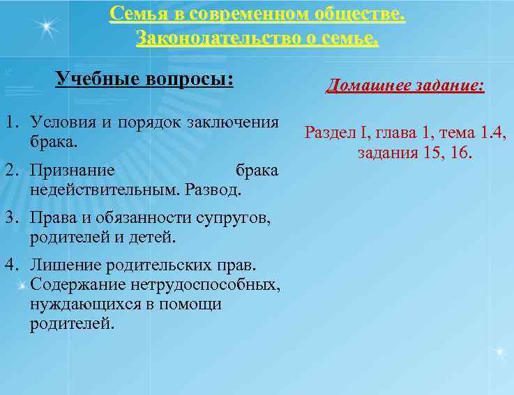 Семья в современном обществе. Законодательство о семье. Учебные вопросы: 1. Условия и порядок заключения