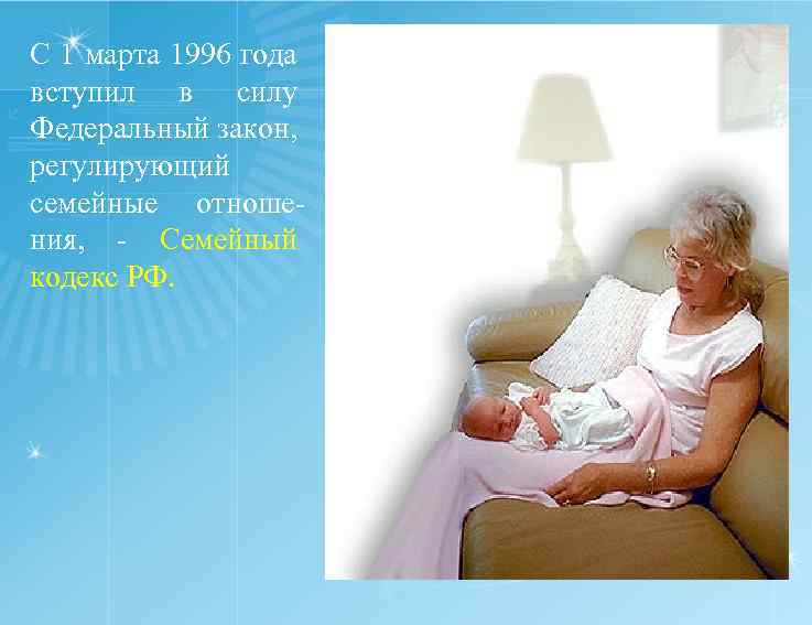 С 1 марта 1996 года вступил в силу Федеральный закон, регулирующий семейные отношения, -