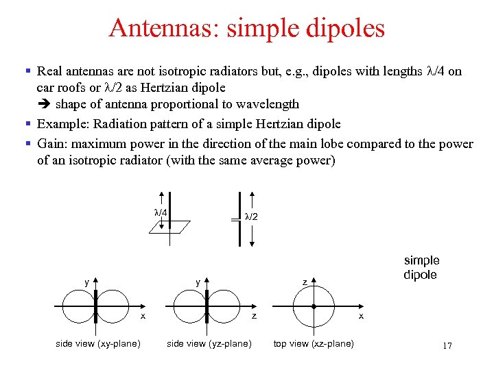 Antennas: simple dipoles § Real antennas are not isotropic radiators but, e. g. ,