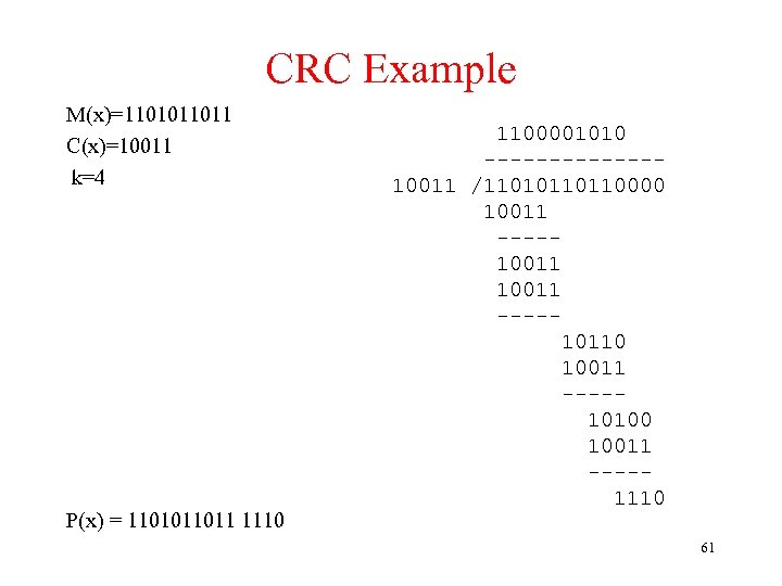 CRC Example M(x)=1101011011 C(x)=10011 k=4 P(x) = 1101011011 1110 1100001010 -------10011 /11010110110000 10011 ----10011