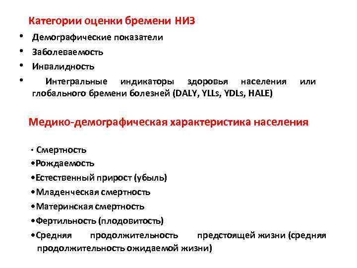 Категории оценки бремени НИЗ • • Демографические показатели Заболеваемость Инвалидность Интегральные индикаторы здоровья населения