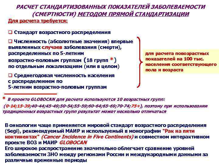РАСЧЕТ СТАНДАРТИЗОВАННЫХ ПОКАЗАТЕЛЕЙ ЗАБОЛЕВАЕМОСТИ (СМЕРТНОСТИ) МЕТОДОМ ПРЯМОЙ СТАНДАРТИЗАЦИИ Для расчета требуется: Стандарт возрастного распределения