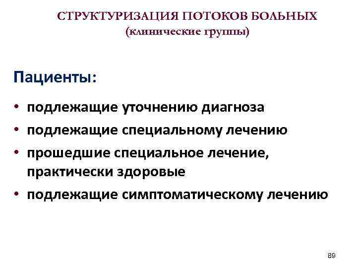 СТРУКТУРИЗАЦИЯ ПОТОКОВ БОЛЬНЫХ (клинические группы) Пациенты: • подлежащие уточнению диагноза • подлежащие специальному лечению