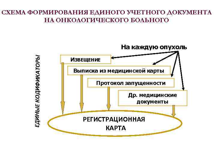 СХЕМА ФОРМИРОВАНИЯ ЕДИНОГО УЧЕТНОГО ДОКУМЕНТА НА ОНКОЛОГИЧЕСКОГО БОЛЬНОГО ЕДИНЫЕ КОДИФИКАТОРЫ На каждую опухоль ИЗВЕЩЕНИЕ