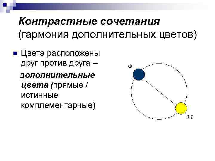 Контрастные сочетания (гармония дополнительных цветов) n Цвета расположены друг против друга – дополнительные цвета