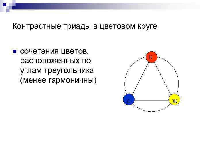 Контрастные триады в цветовом круге n сочетания цветов, расположенных по углам треугольника (менее гармоничны)