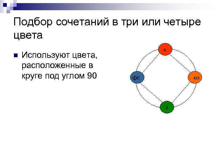 Подбор сочетаний в три или четыре цвета n Используют цвета, расположенные в круге под