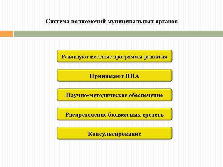 Система полномочий муниципальных органов Реализуют местные программы развития Принимают НПА Научно-методическое обеспечение Распределение бюджетных