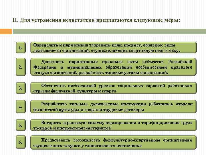 II. Для устранения недостатков предлагаются следующие меры: 1. Определить и нормативно закрепить цели, предмет,