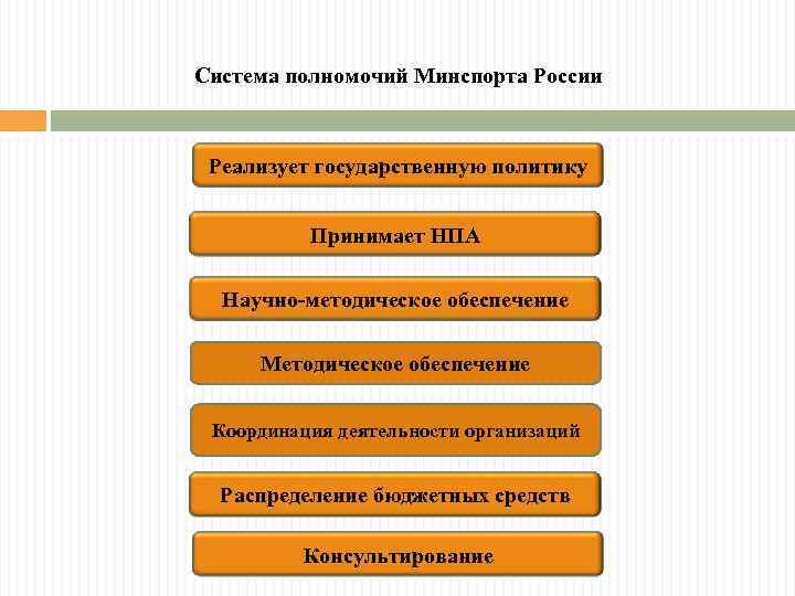 Система полномочий Минспорта России Реализует государственную политику Принимает НПА Научно-методическое обеспечение Методическое обеспечение Координация