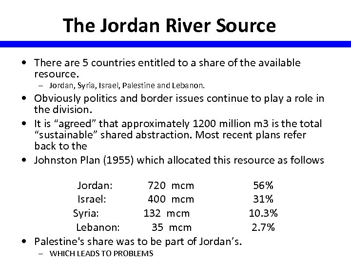 The Jordan River Source • There are 5 countries entitled to a share of