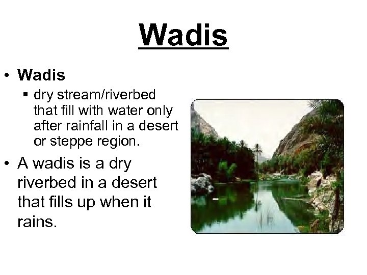 Wadis • Wadis § dry stream/riverbed that fill with water only after rainfall in