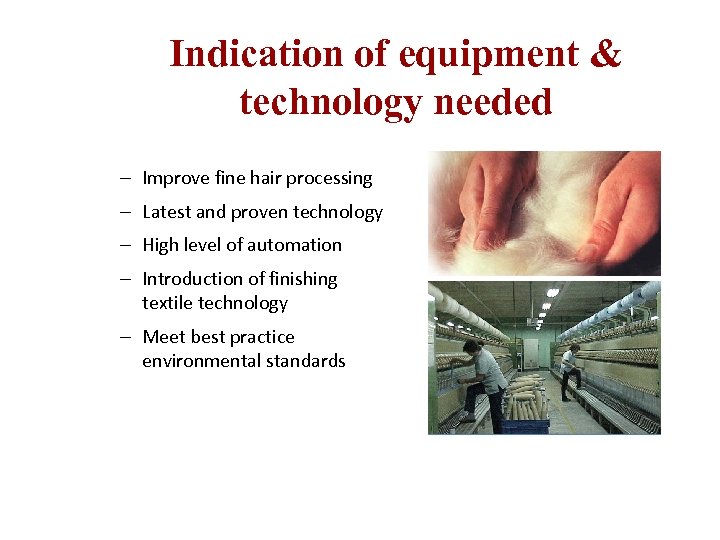 Indication of equipment & technology needed – Improve fine hair processing – Latest and