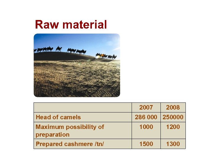 Raw material resources 2007 Head of camels 2008 286 000 250000 Maximum possibility of