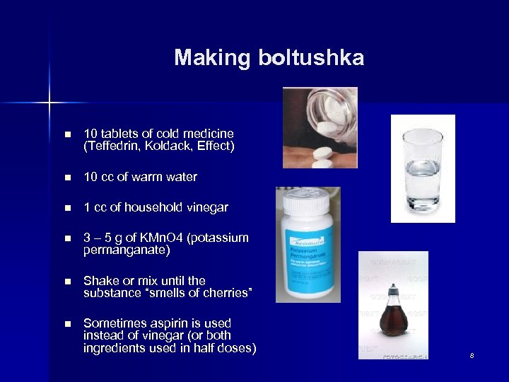 Making boltushka n 10 tablets of cold medicine (Teffedrin, Koldack, Effect) n 10 cc