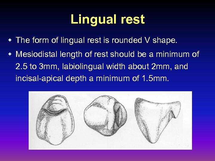 Lingual rest w The form of lingual rest is rounded V shape. w Mesiodistal