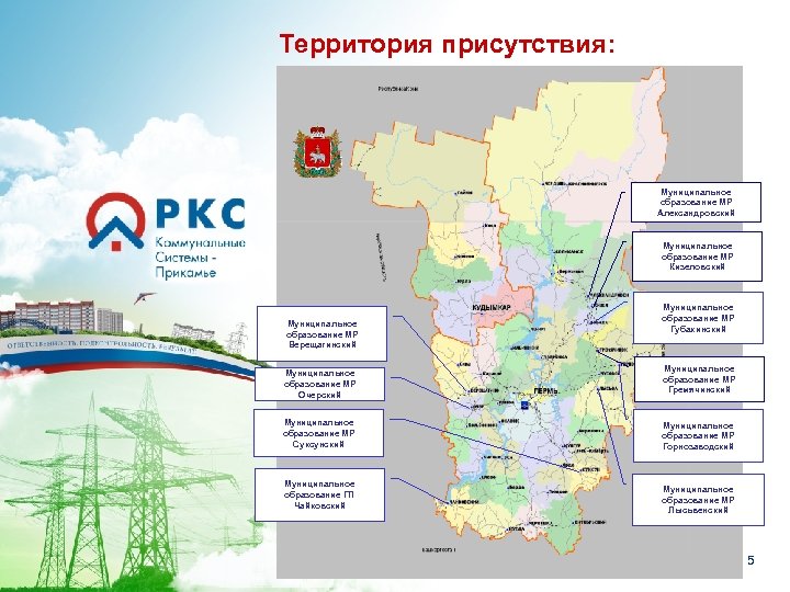 Территория присутствия: Муниципальное образование МР Александровский Муниципальное образование МР Кизеловский Муниципальное образование МР Верещагинский