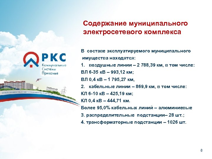 Содержание муниципального электросетевого комплекса В составе эксплуатируемого муниципального имущества находятся: 1. воздушные линии –