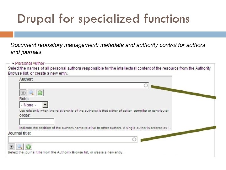 Drupal for specialized functions Document repository management: metadata and authority control for authors and