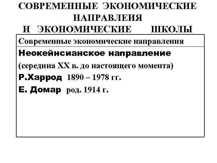 СОВРЕМЕННЫЕ ЭКОНОМИЧЕСКИЕ НАПРАВЛЕИЯ И ЭКОНОМИЧЕСКИЕ ШКОЛЫ Современные экономические направления Неокейнсианское направление (середина XX в.