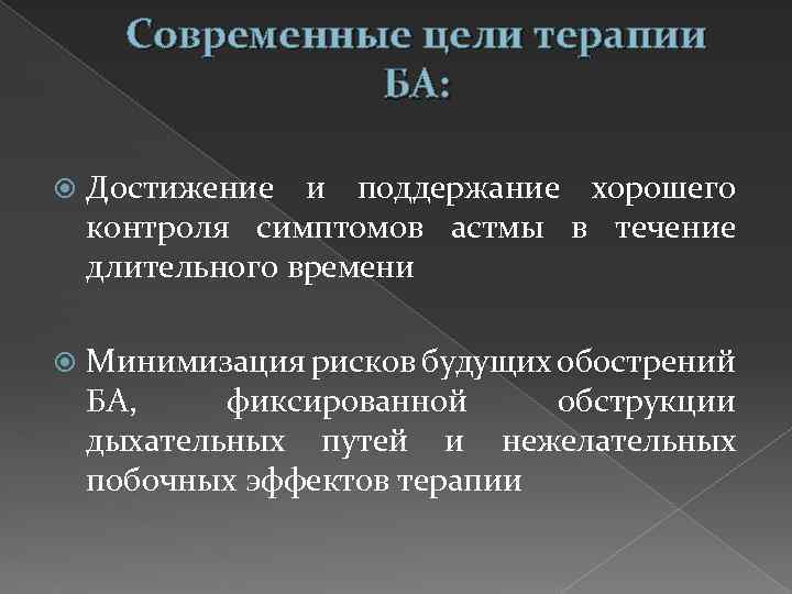 Современные цели терапии БА: Достижение и поддержание хорошего контроля симптомов астмы в течение длительного
