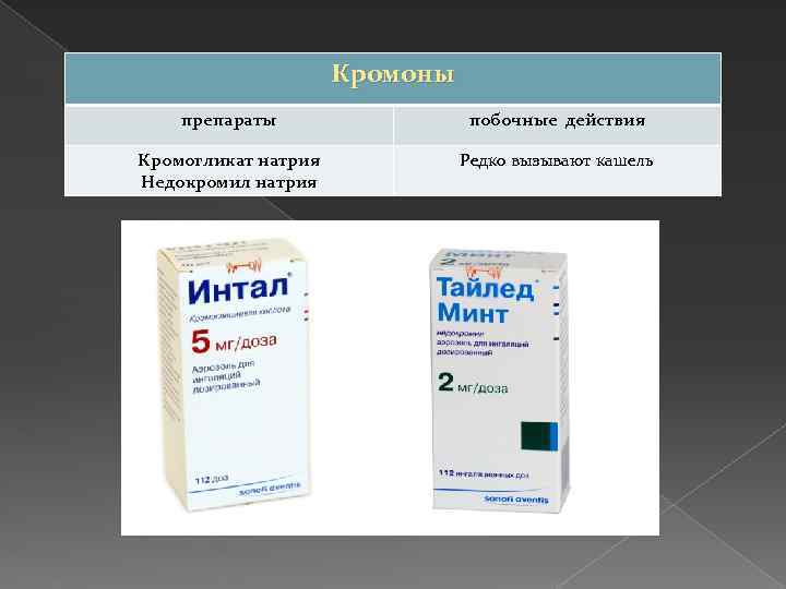 Кромоны препараты побочные действия Кромогликат натрия Недокромил натрия Редко вызывают кашель 