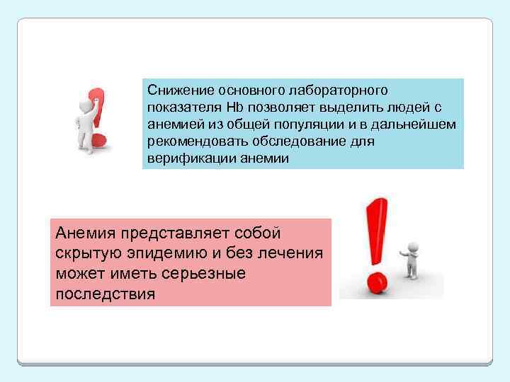 Снижение основного лабораторного показателя Hb позволяет выделить людей с анемией из общей популяции и