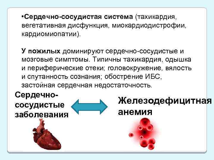  • Сердечно-сосудистая система (тахикардия, вегетативная дисфункция, миокардиодистрофии, кардиомиопатии). У пожилых доминируют сердечно-сосудистые и
