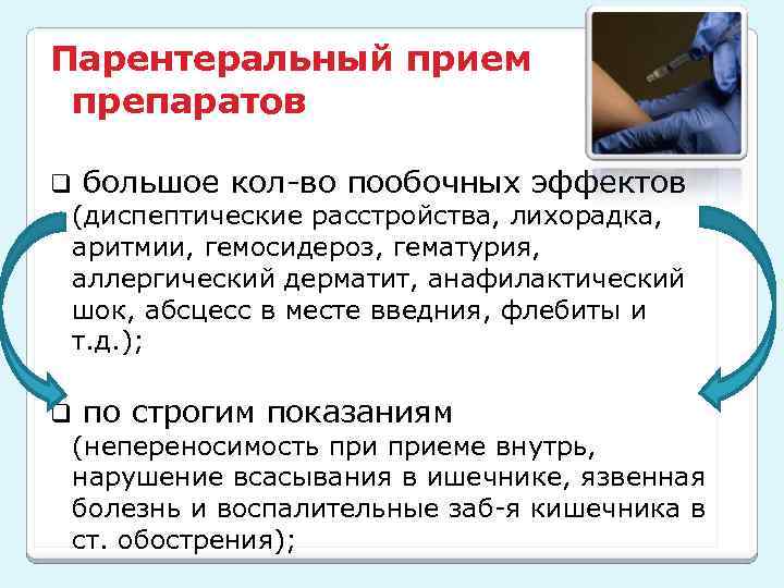 Парентеральный прием препаратов q большое кол-во пообочных эффектов (диспептические расстройства, лихорадка, аритмии, гемосидероз, гематурия,