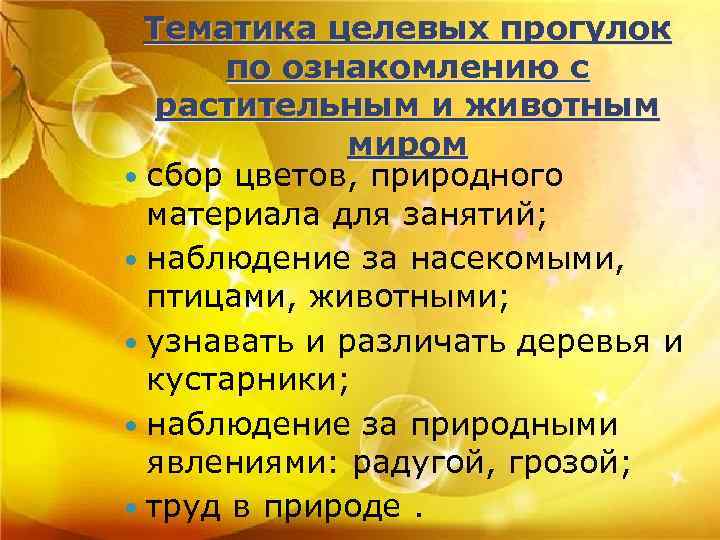 Тематика целевых прогулок по ознакомлению с растительным и животным миром сбор цветов, природного материала