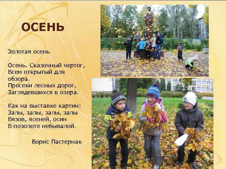 ОСЕНЬ Золотая осень Осень. Сказочный чертог, Всем открытый для обзора. Просеки лесных дорог, Заглядевшихся