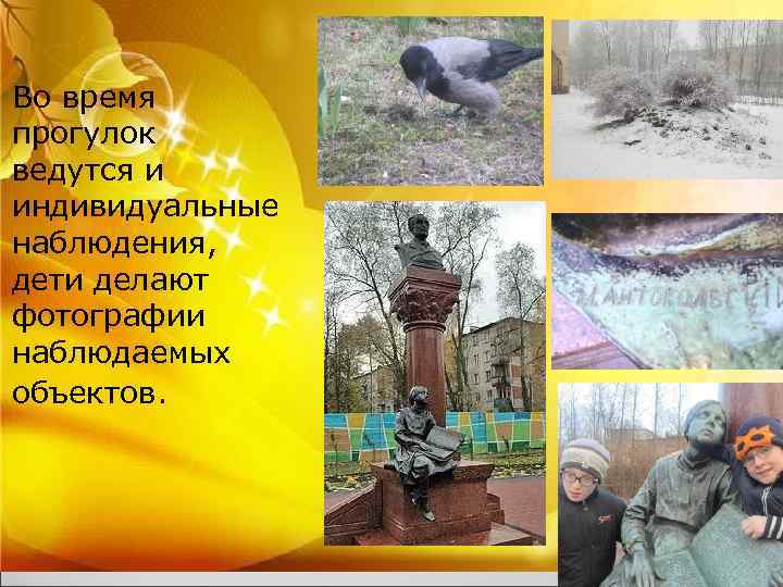 Во время прогулок ведутся и индивидуальные наблюдения, дети делают фотографии наблюдаемых объектов. 