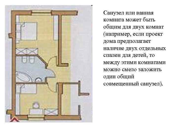 Санузел или ванная комната может быть общим для двух комнат (например, если проект дома