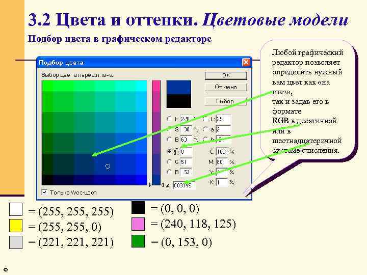 3. 2 Цвета и оттенки. Цветовые модели Подбор цвета в графическом редакторе Любой графический